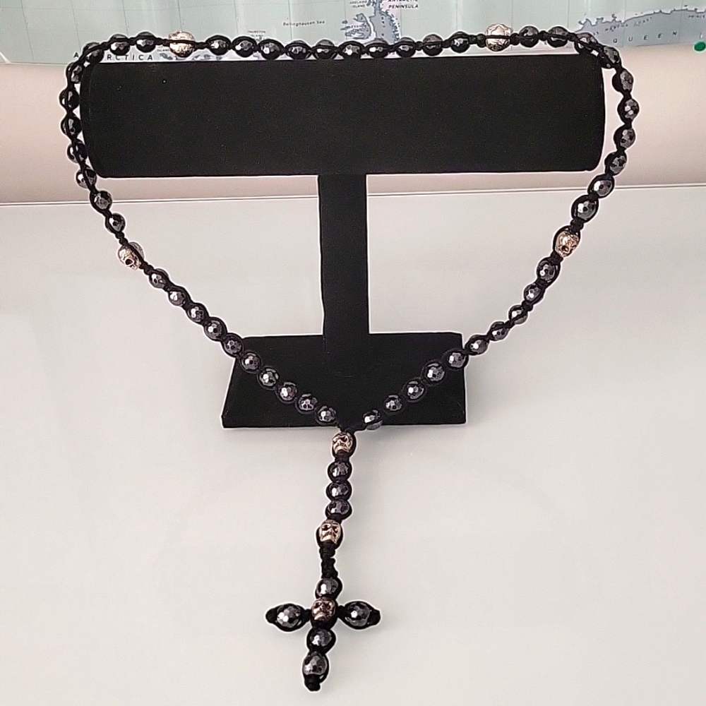 Handmade Hematite Skull Cross Necklace